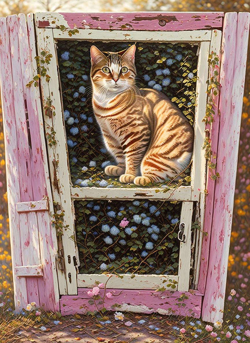 Tabby cat in old wooden window frame with pink paint, surrounded by flowers.