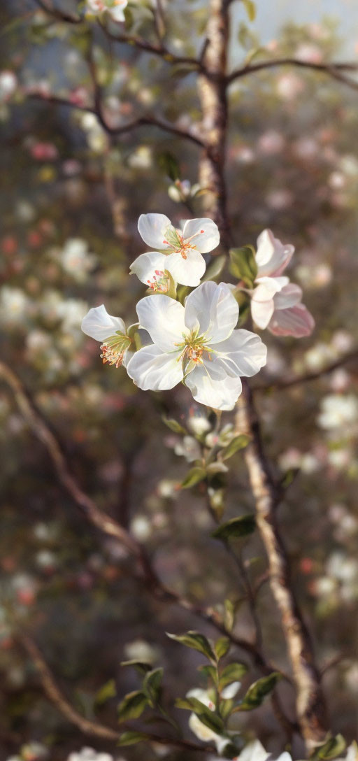 White Cherry Blossoms and Pink Buds Against Green Background