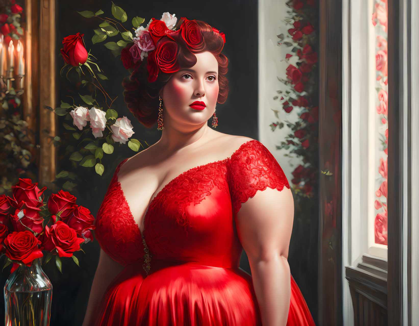 Woman in red dress with lace sleeves gazes out window with roses