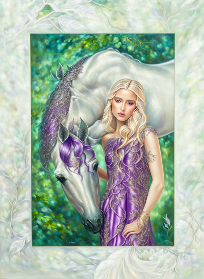 Fantasy illustration of woman with blonde hair and unicorn in purple dress.