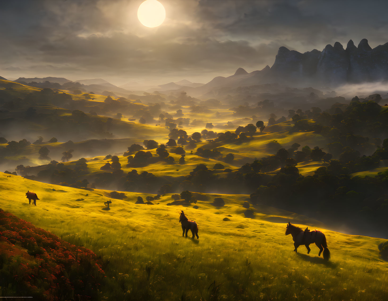 Tranquil sunset landscape with hills, horseback rider, grazing horse, and distant mountains.