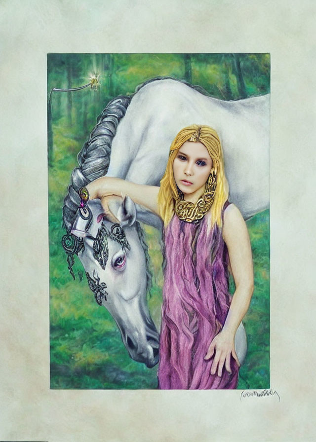 Blonde woman in purple dress merges with white unicorn on green background