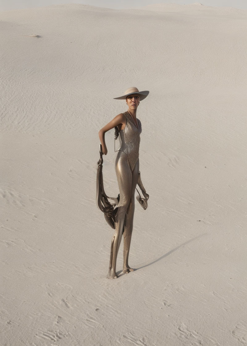 Woman in gold bodysuit and hat in desert with dark fabric