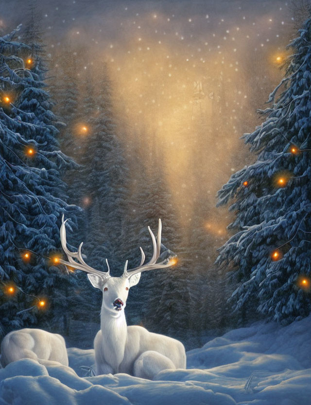 Majestic white stag with glowing antlers in snowy forest