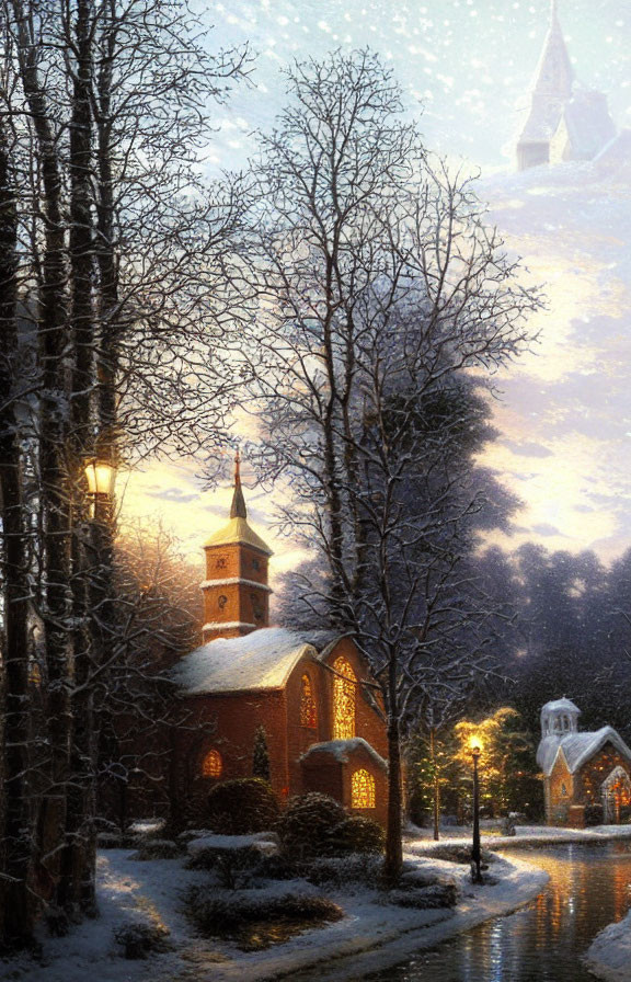 Snow-covered church and trees in winter dusk snowfall