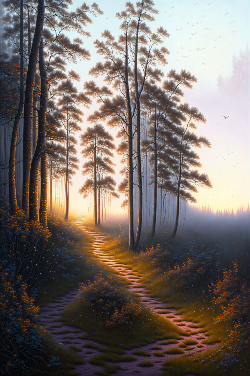 Tranquil forest path with tall trees and golden sunlight filtering through mist