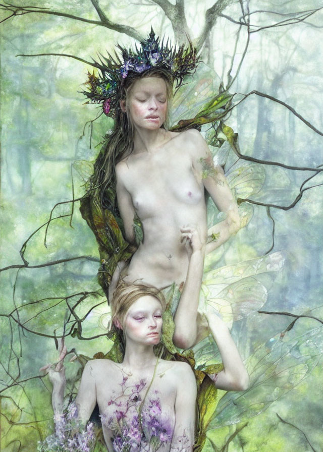 Ethereal figures with nature-inspired adornments in misty forest landscape