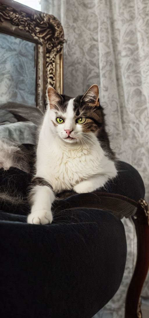 Black and white cat on elegant armchair exuding confidence