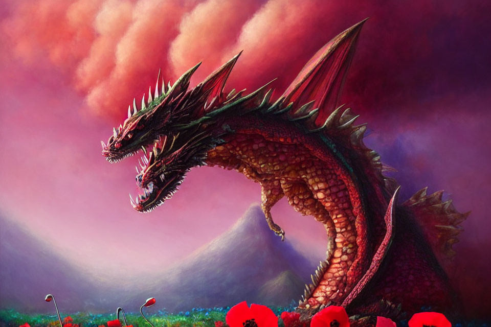 Red and Green Dragon in Field of Red Flowers under Stormy Purple Sky