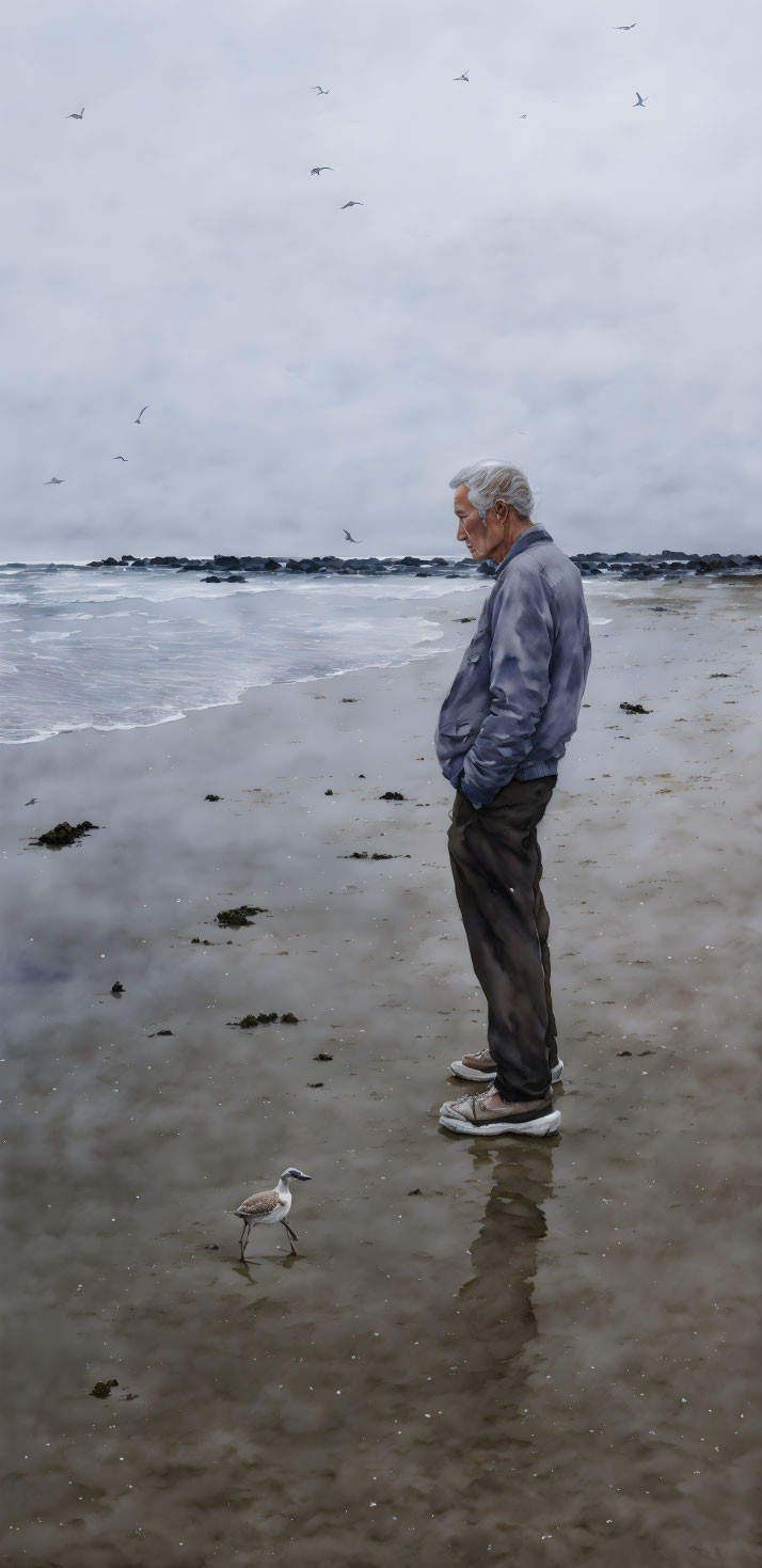 Elderly man on sandy shore with bird and overcast sky