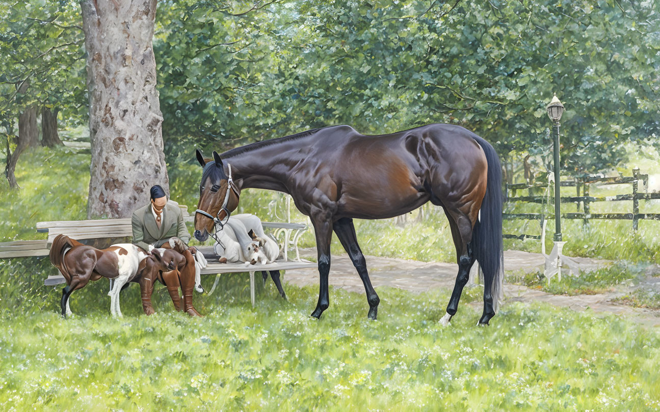 Man in equestrian attire with dogs and horse in lush park