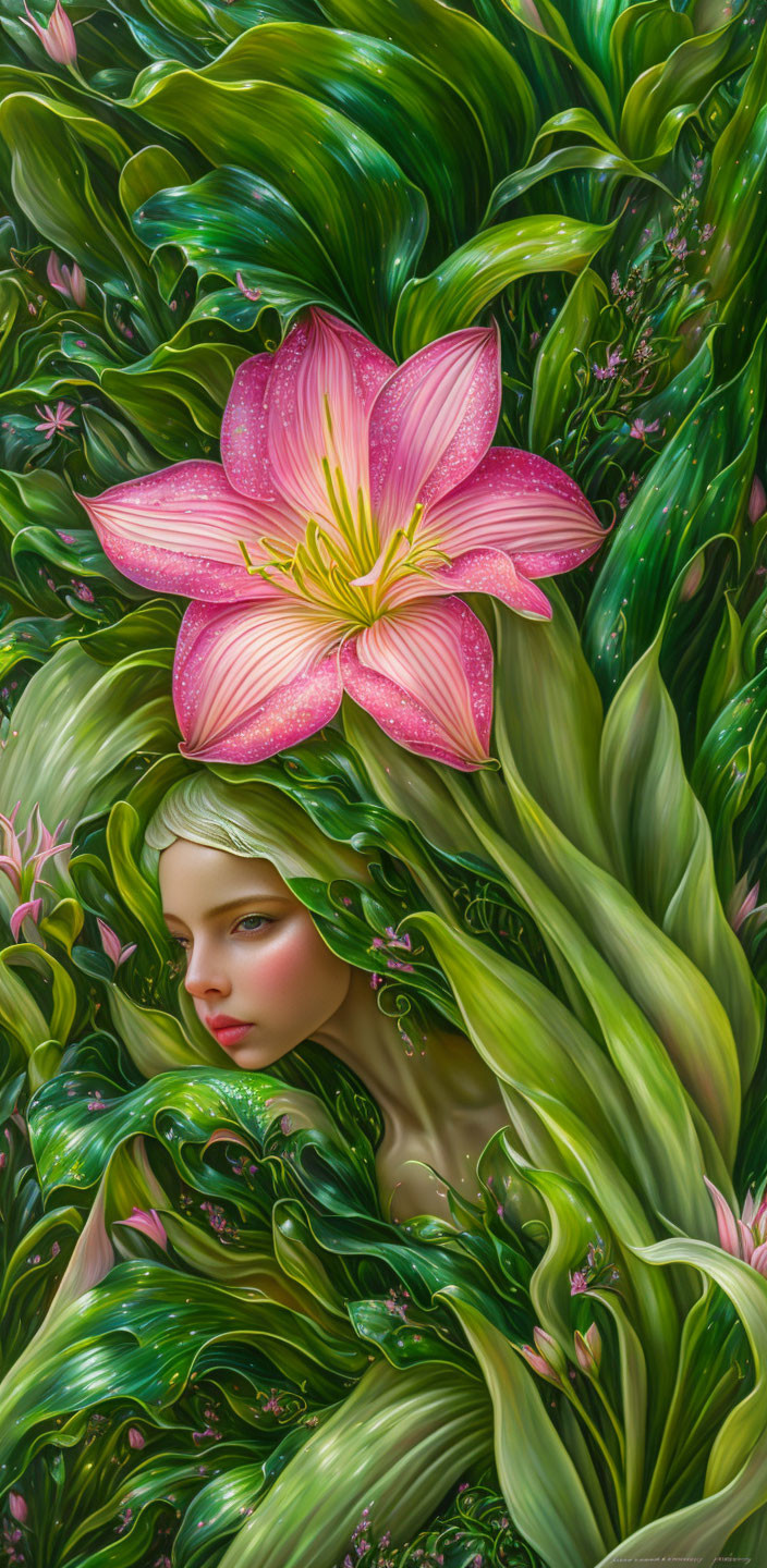 Woman's Face Merging with Green Foliage and Pink Lily