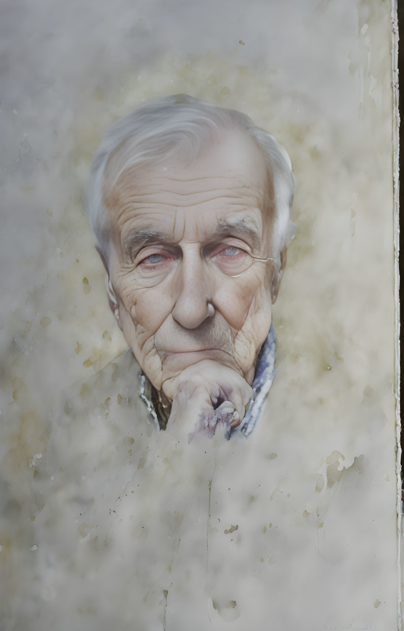 Contemplative elderly man portrait on light background