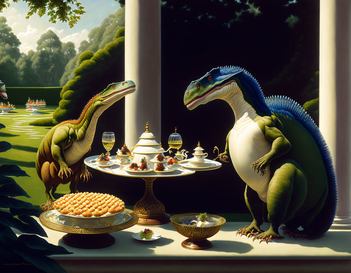 Anthropomorphized dinosaurs tea party with desserts in classical arcade setting