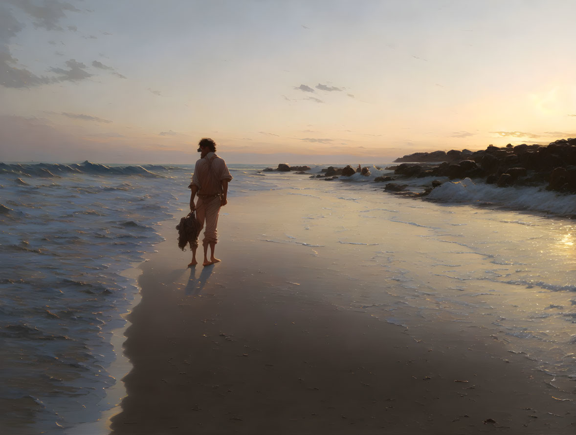 Tranquil sunset beach scene with person walking, gentle waves, and birds overhead