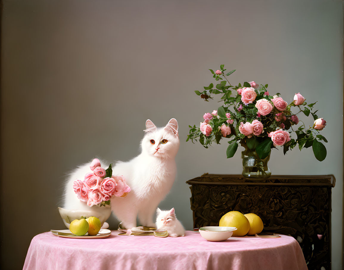 White Cat and Kitten with Striking Eyes on Table with Pink Roses and Fruits