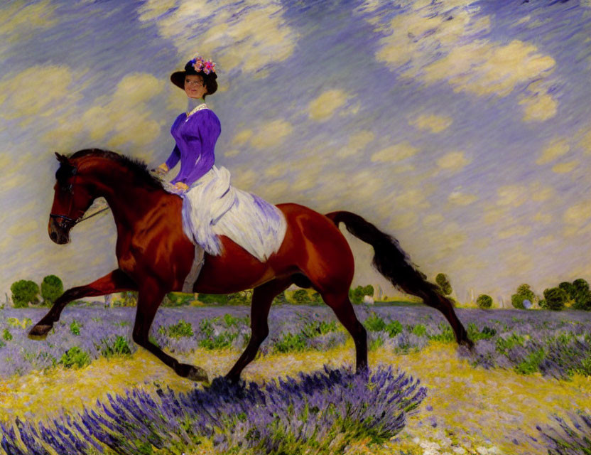 Colorful painting: Woman on horse in lavender field