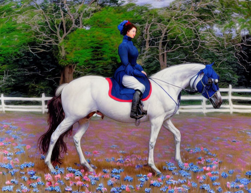 Woman in Blue Dress Riding White Horse in Field of Purple Flowers