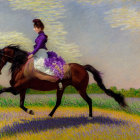 Colorful painting: Woman on horse in lavender field