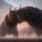 Two Large, Hairy Beasts with Curved Horns in Misty Landscape