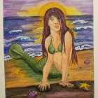 Mermaid painting with green tail on beach, yellow sky, brown hair, pearl necklaces