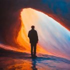 Lone Figure at Vibrant Cosmic Cave Entrance