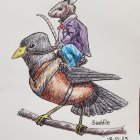 Mouse with human-like face in purple jacket riding bird with colorful feathers