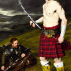 Red-Haired Man in Kilt with Sword in Dramatic Landscape