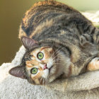 Tabby Cat with Green Eyes and Floral Patterns Resting with Butterfly on Paw