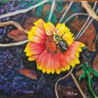 Detailed Orange-Yellow Flower Painting with Bees and Purple Blooms