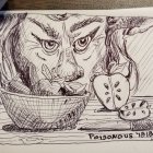 Detailed sketch of furious face above bowl of apples on wooden surface with cut apple. Intricate linework