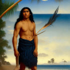 Polynesian man painting: standing with spear on beach