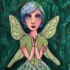 Fantasy portrait: person with butterfly wings and flower crown in enchanted forest