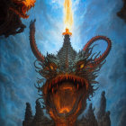 Elaborate horned dragon breathing fire in twilight scene