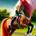 Stylized painting of person in green riding attire on majestic chestnut horse leaping over white fence