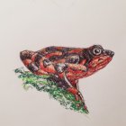 Vibrant frog painting with intricate patterns on leaf against beige background