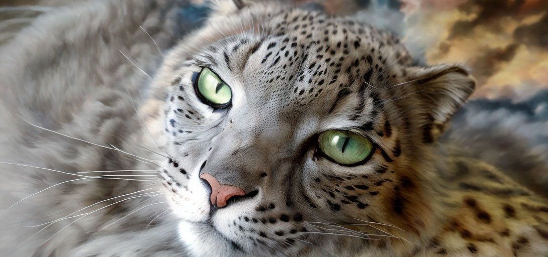 Snow leopard with green eyes and spotted fur in close-up view.