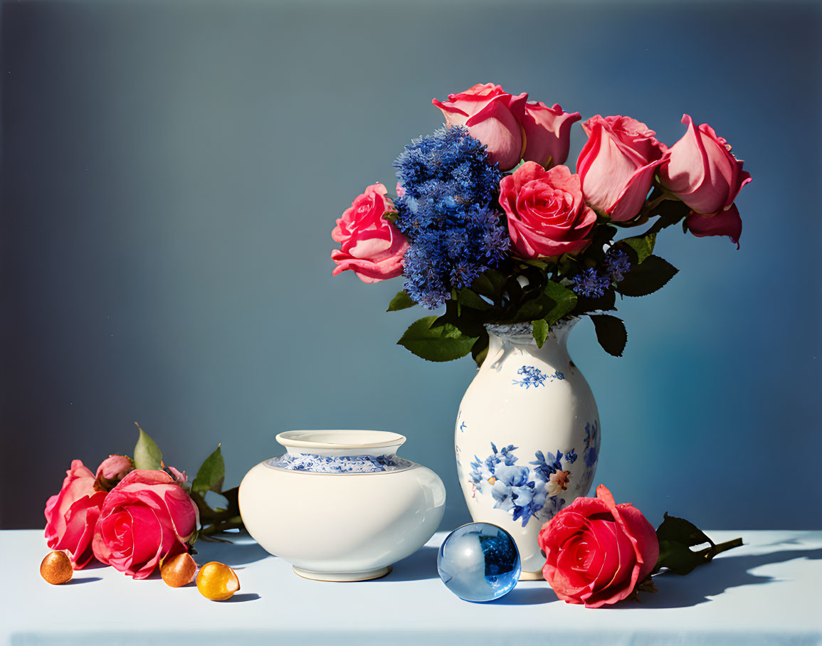 Pink Roses and Blue Flowers in Porcelain Vase with Kumquats on Blue Background