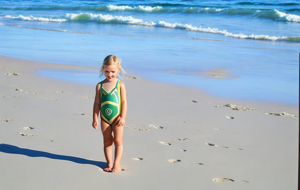 Child in Swimsuit on Sandy Beach with Waves and Blue Sky