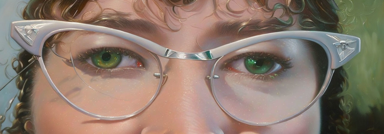 Detailed Close-up of Green Eyes with Cat-eye Glasses and Curly Hair