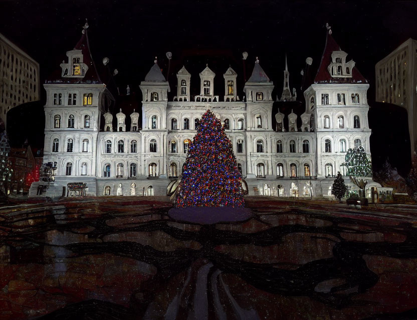 Ornately Decorated Christmas Tree in Front of Historic Building