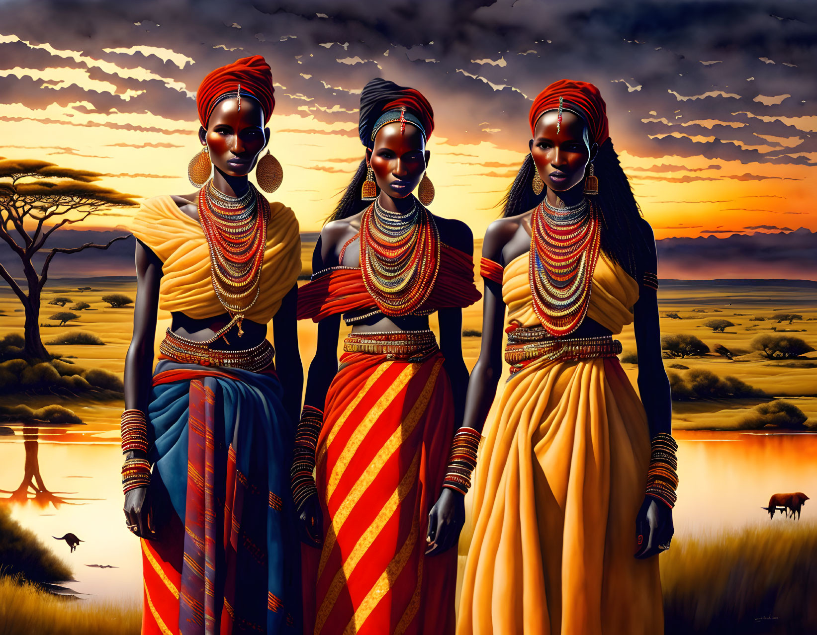 Traditional African Attire: Three Women Against Savannah Sunset