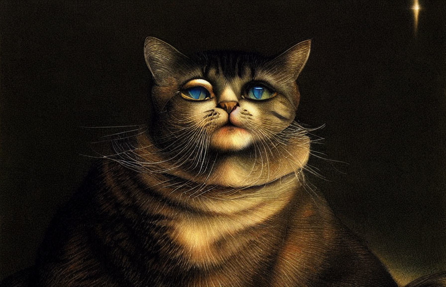 Realistic Cat Illustration with Blue Eyes and Detailed Fur on Dark Background