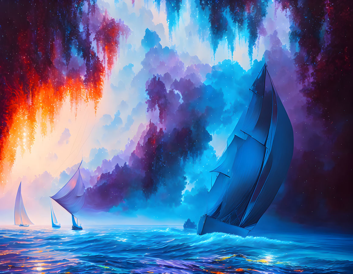 Colorful digital artwork: sailboats on surreal ocean with floating islands & nebulae