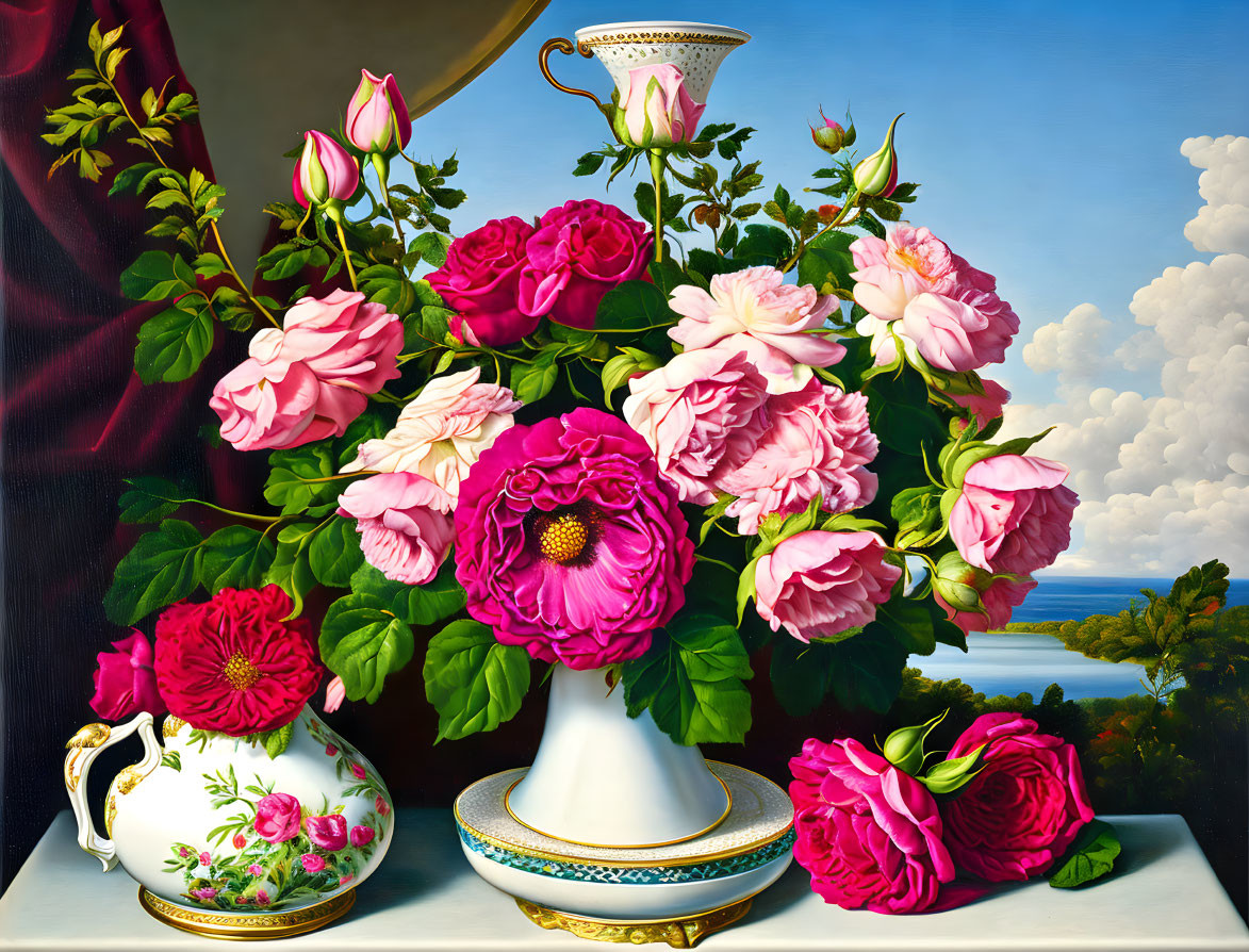 Assorted pink roses in white vase with ocean view and curtain