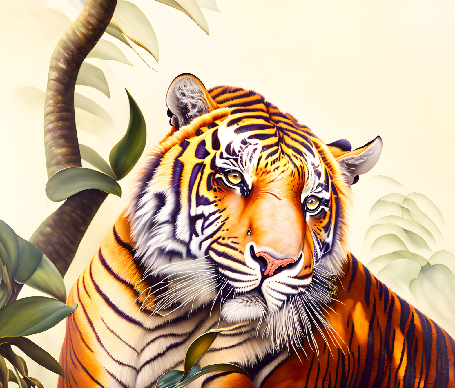 Colorful Tiger Illustration Among Green Foliage with Blue Eyes