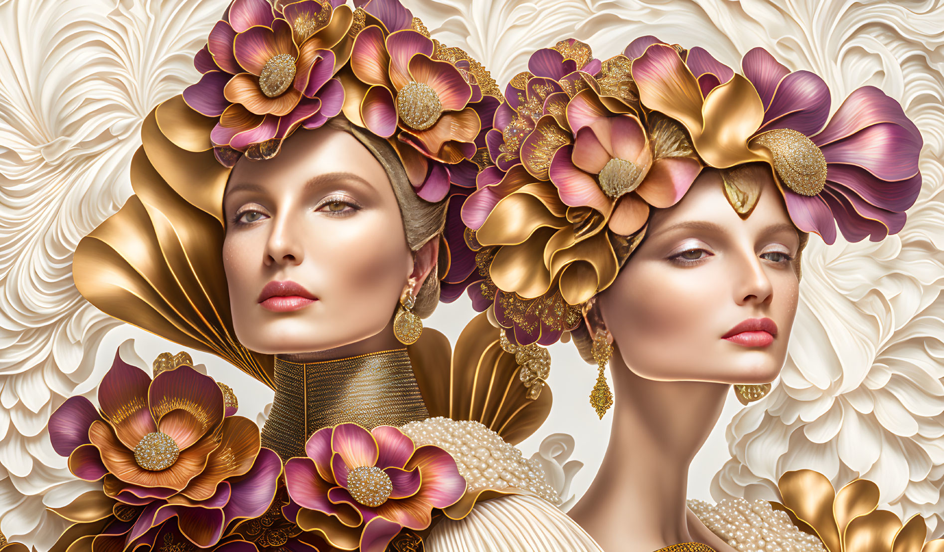 Detailed floral headdresses on two women in artistic illustration