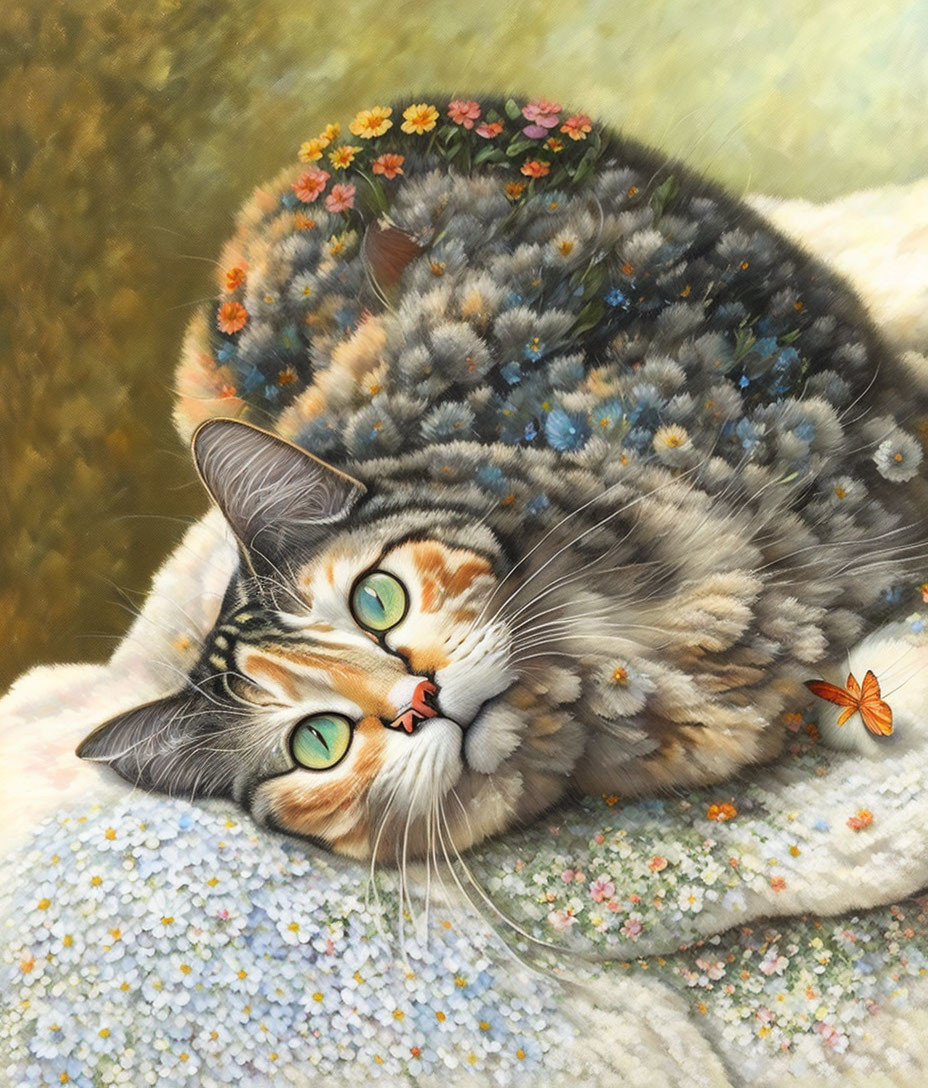 Tabby Cat with Green Eyes and Floral Patterns Resting with Butterfly on Paw