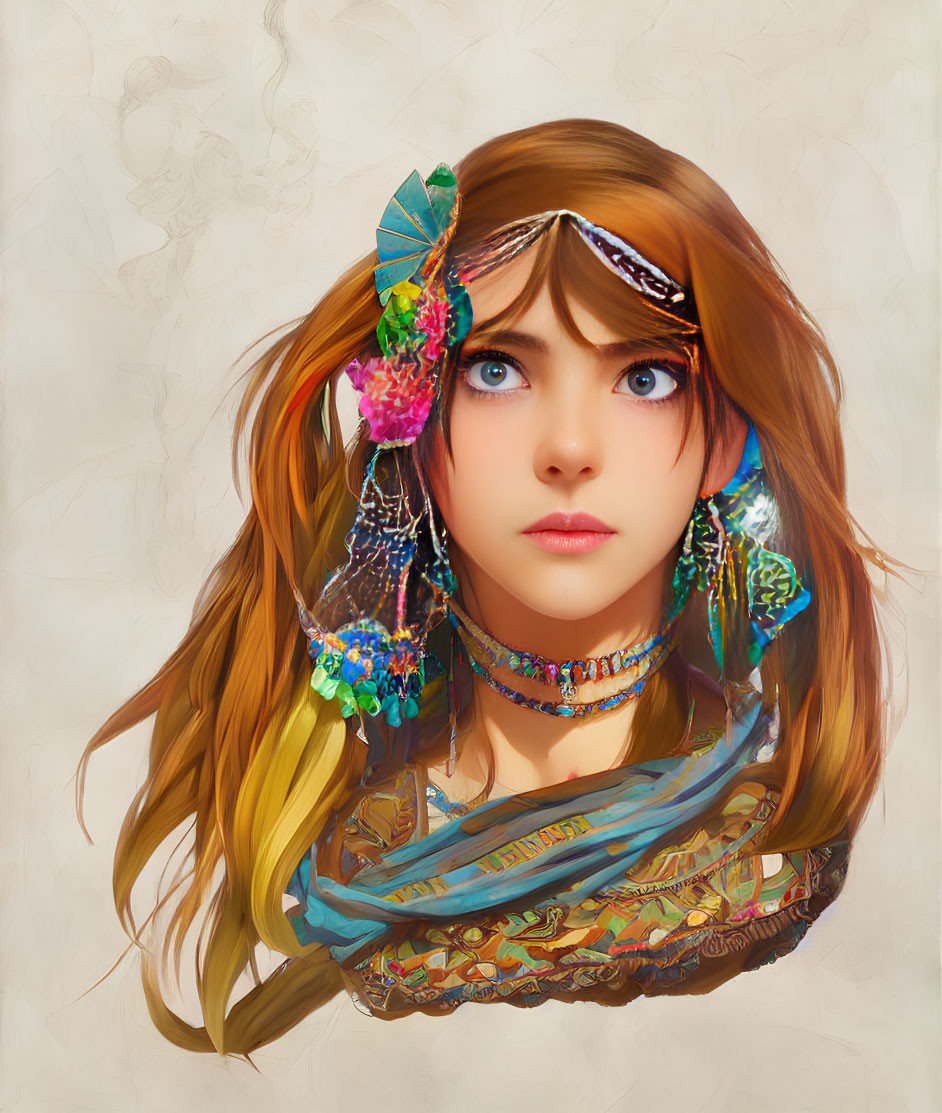 Detailed digital illustration of young girl with large blue eyes, adorned with beads and feathers