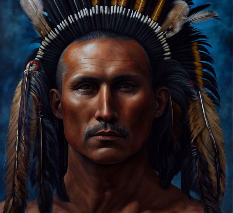 Traditional Native American headdress portrait with detailed feathers and serene expression